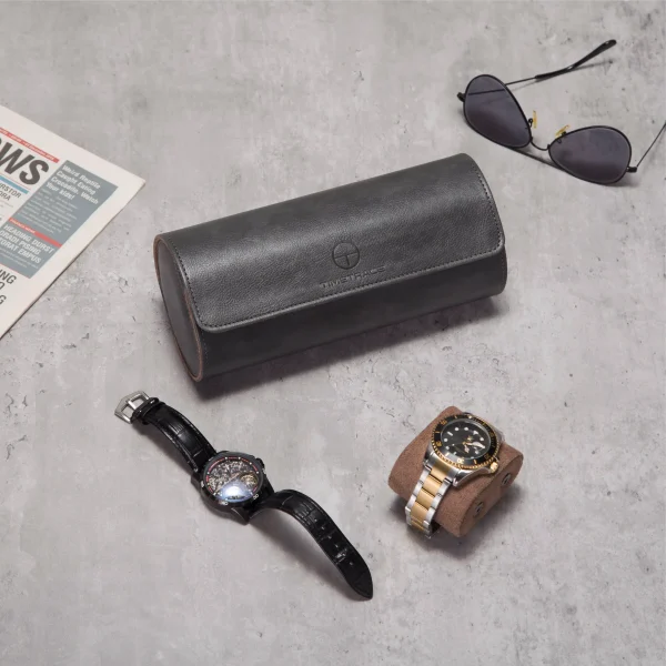 3 Slots Grey Lozenge PU Leather Watch Roll Travel Case-WR001