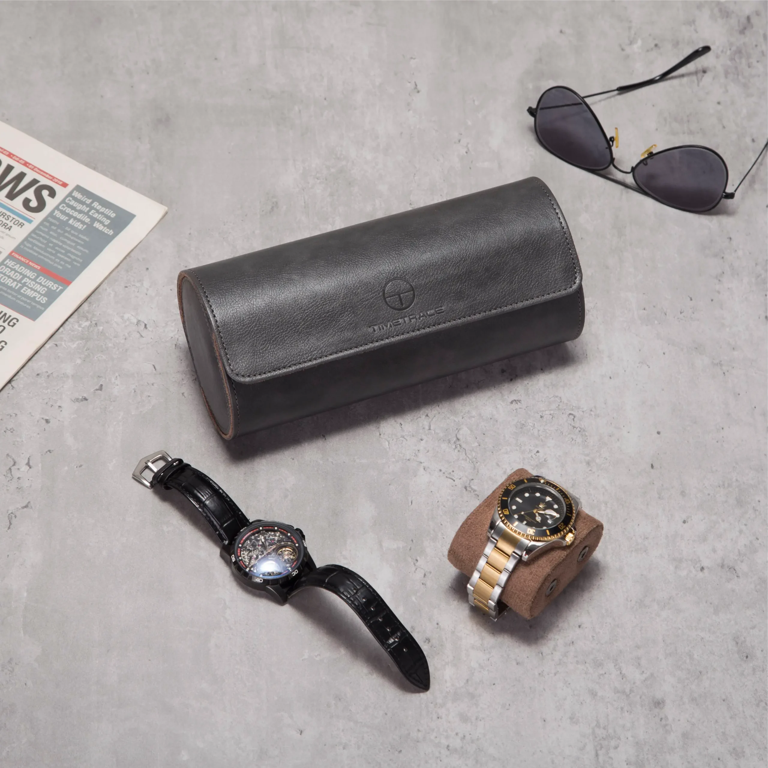 3 Slots Grey Lozenge PU Leather Watch Roll Travel Case-WR001