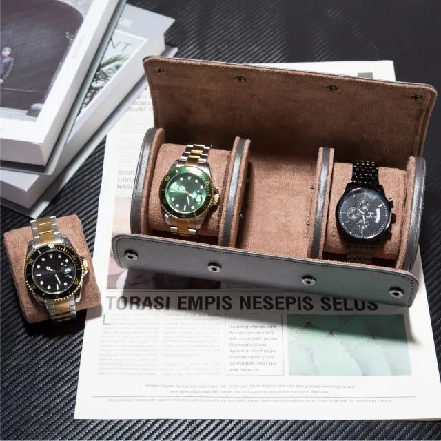 3 Slots Grey Lozenge PU Leather Watch Roll Travel Case-WR001(3)