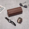 3 Slots Brown Lozenge PU Leather Watch Roll Travel Case-WR002