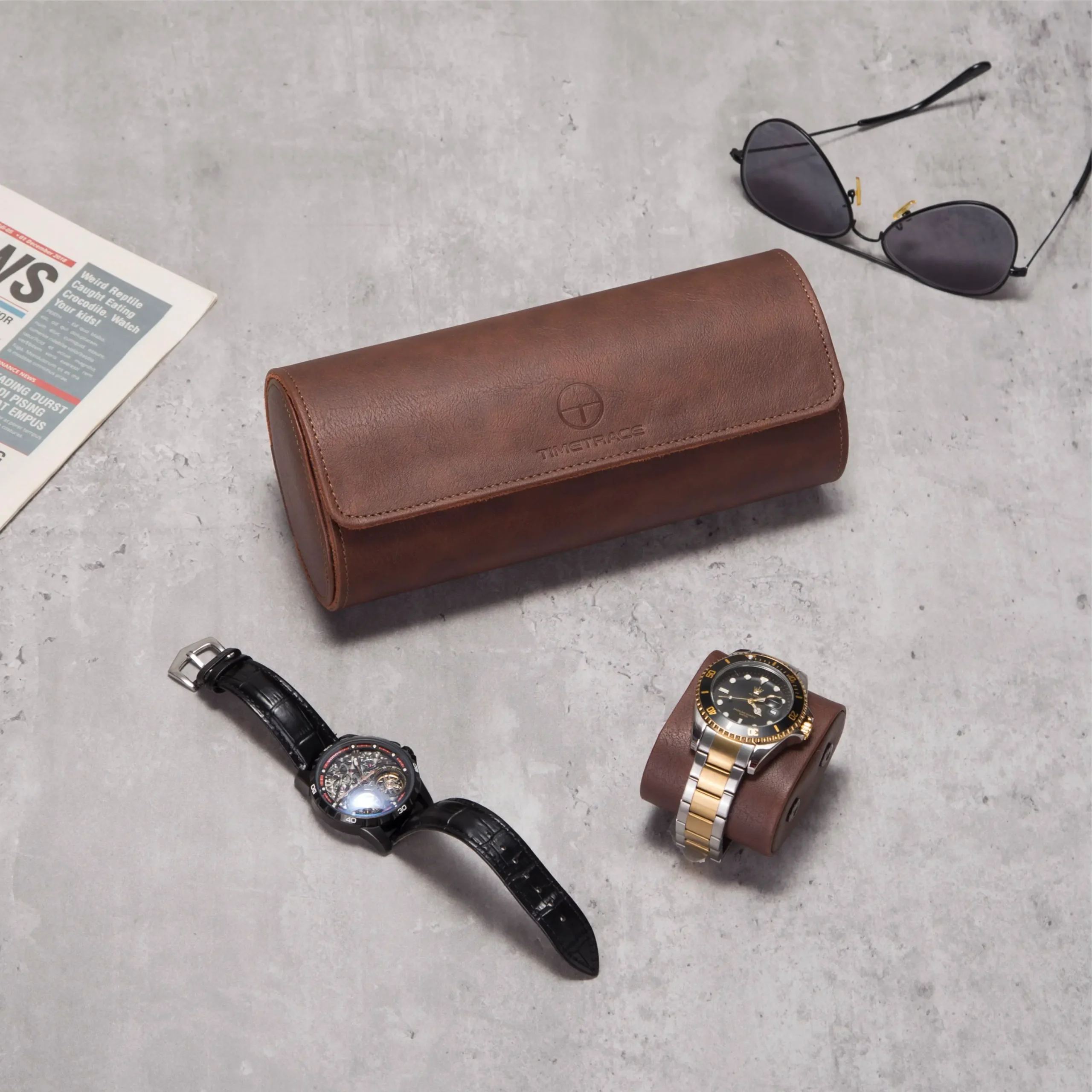 3 Slots Brown Lozenge PU Leather Watch Roll Travel Case-WR002
