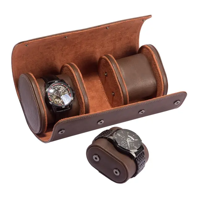 3 Slots Brown Lozenge PU Leather Watch Roll Travel Case-WR002 (1)