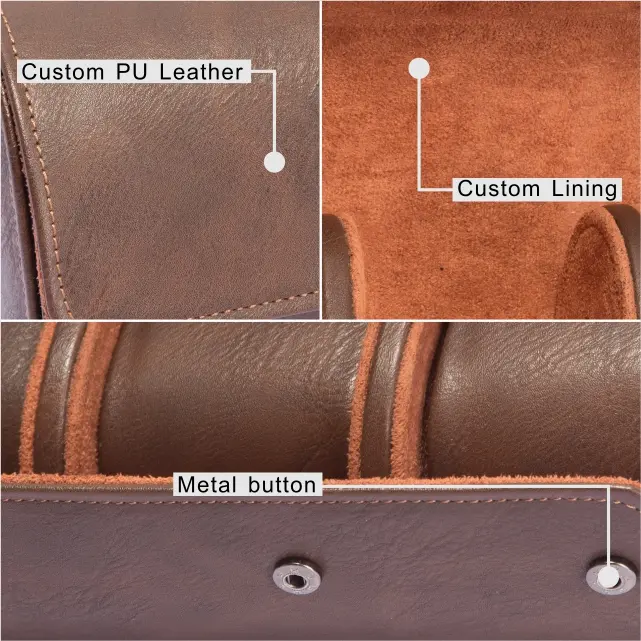 3 Slots Brown Lozenge PU Leather Watch Roll Travel Case-WR002(2)