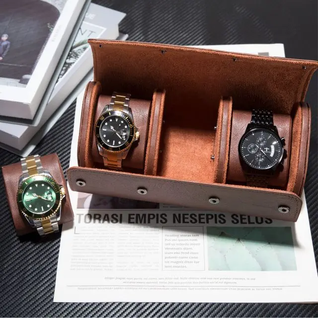 3 Slots Brown Lozenge PU Leather Watch Roll Travel Case-WR002 (3)