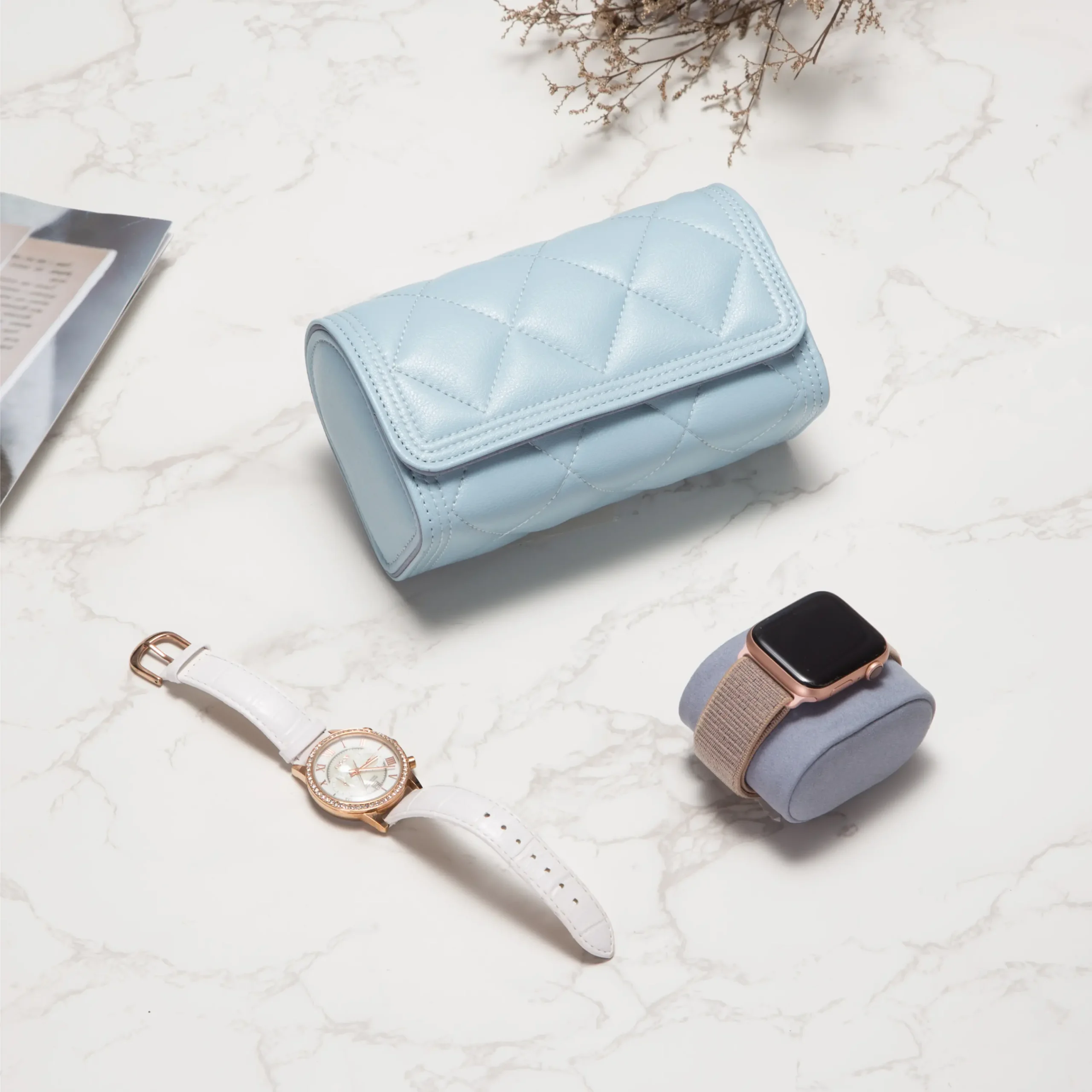 2 Slots Blue PU Leather Watch Roll Travel Case-WR007