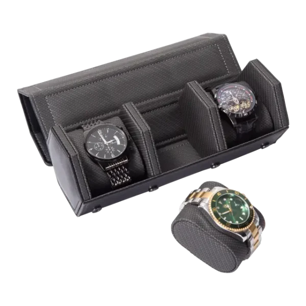 3 Slots Black PU leather watch roll travel case-WR008 (1)