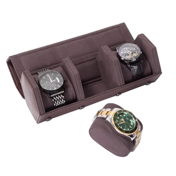 3 Slots Brown PU leather watch roll travel case-WR009 (1)