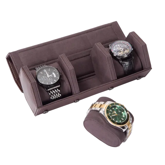 3 Slots Brown PU leather watch roll travel case-WR009 (1)
