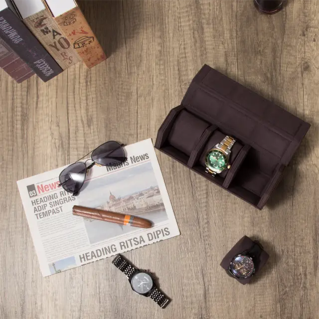 3 Slots Brown PU leather watch roll travel case-WR009