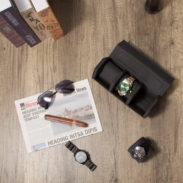3 Slots Black PU leather watch roll travel case-WR008