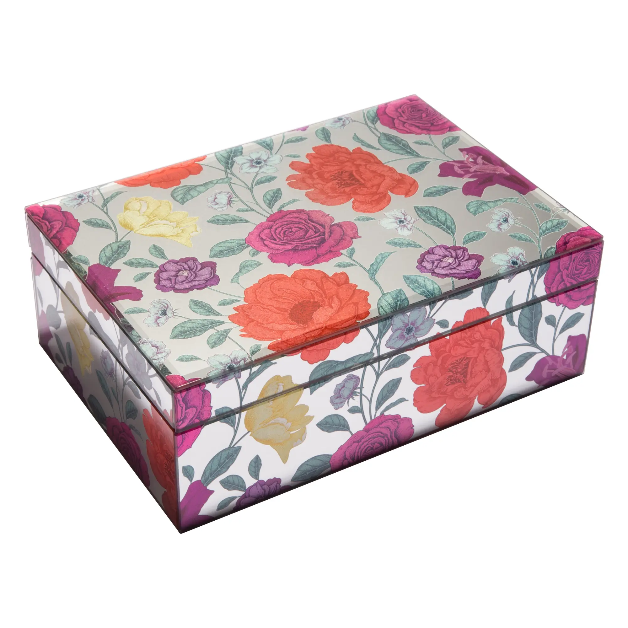 Mirrored Floral Glass Jewelry Box-JB003