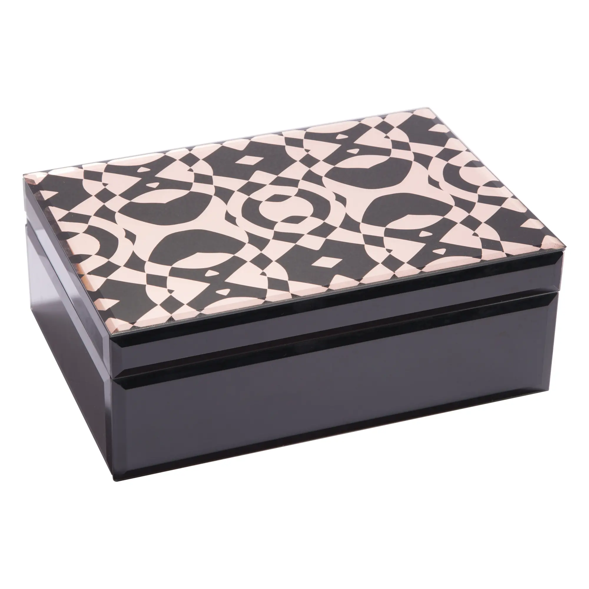 Rosegold Mirrored Geo Pattern Black Glass Jewelry Box-JB011