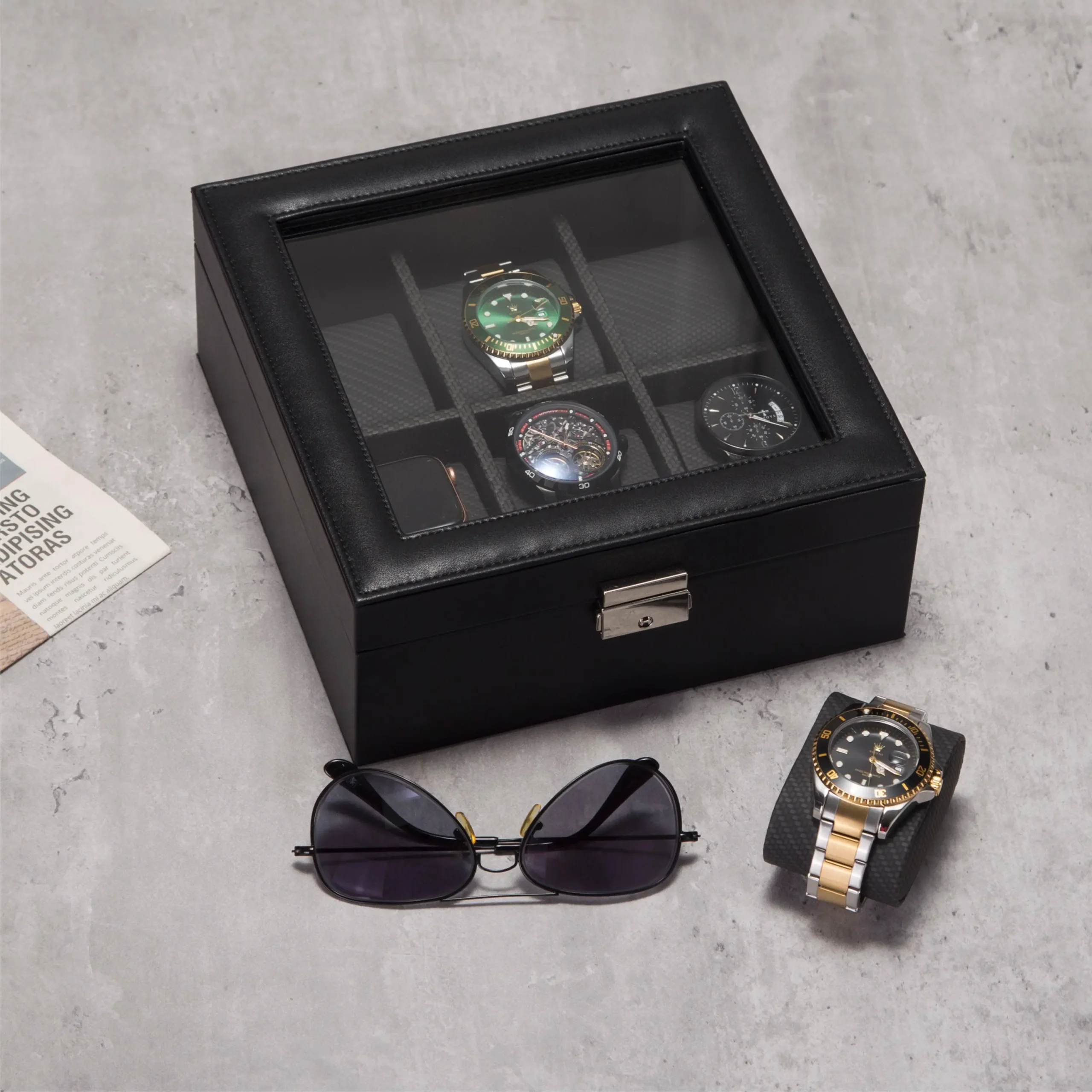 6 Slots Square PU leather watch box-WB003
