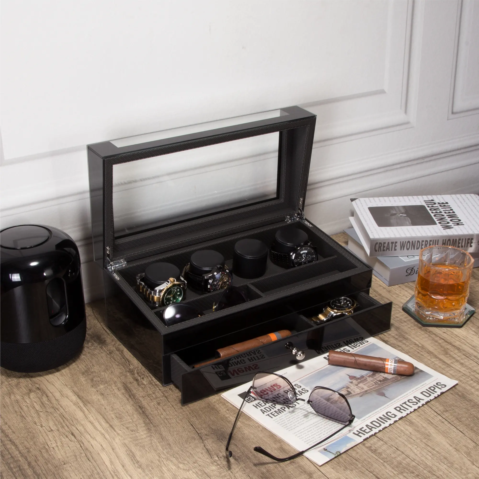 Black Tempered Glass Luxury watch box-WB007